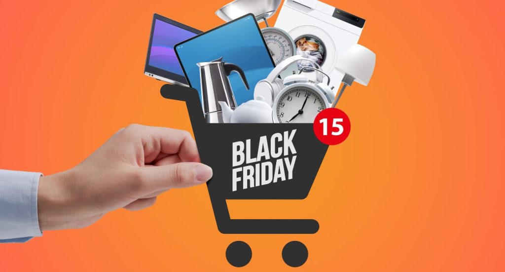 O ícone de um carrinho de compras com várias imagens de produtos.