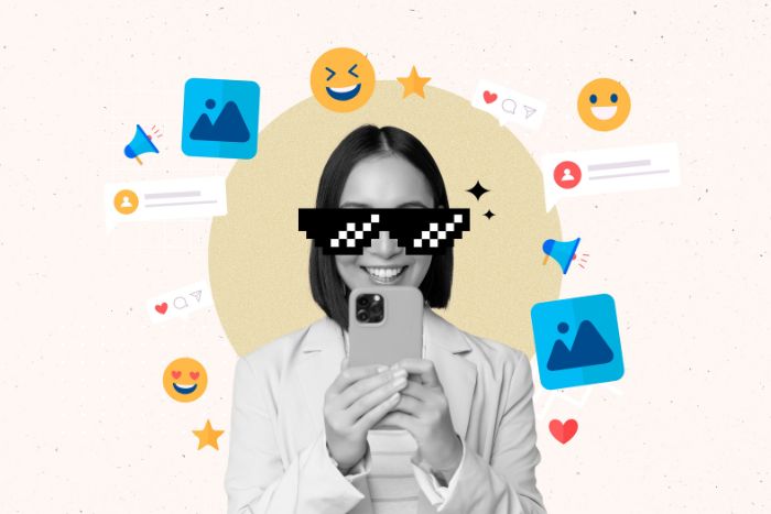 Uma montagem de uma mulher mexendo no celular com ícone de emojis ao redor.