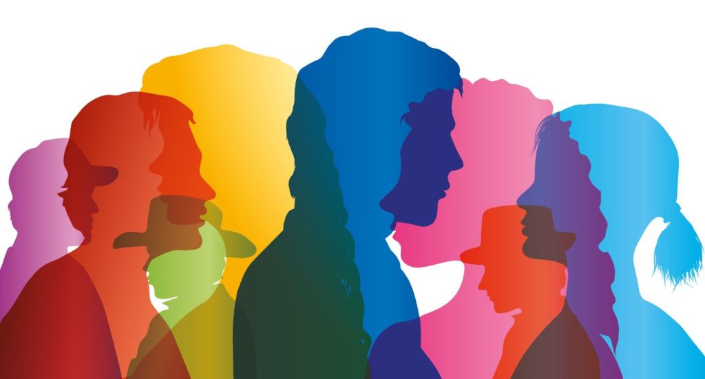 Uma montagem com perfis de pessoas em diversas cores.